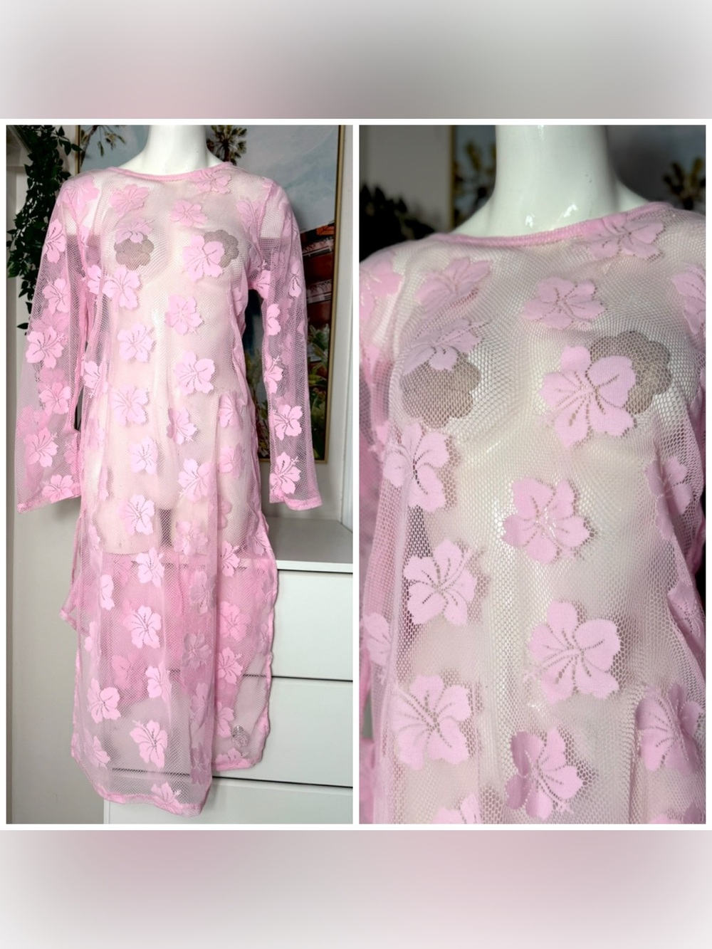 Women's Pink Floral Lace Fishnet Mesh Sheer Long Sleeve Midi Dress Cover Up M/L